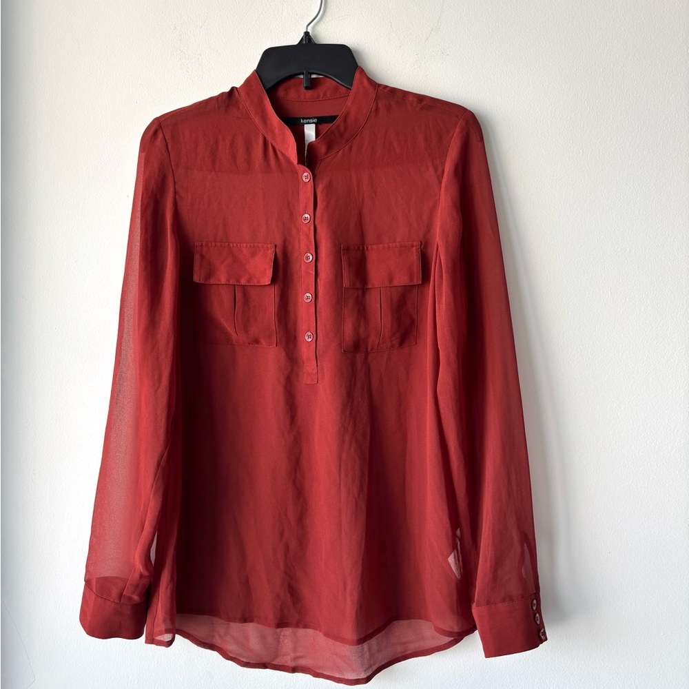 Kensie Blouse Burnt Orange Half Button Popover Sheer Chiffon Women S Minimalist